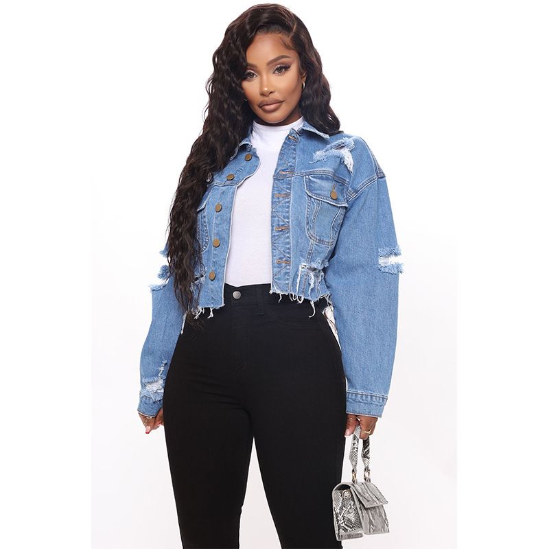 Vêtements pour femmes Veste en jean Mode Hauts déchirés Veste en jean lavée et coupée_voghion.com