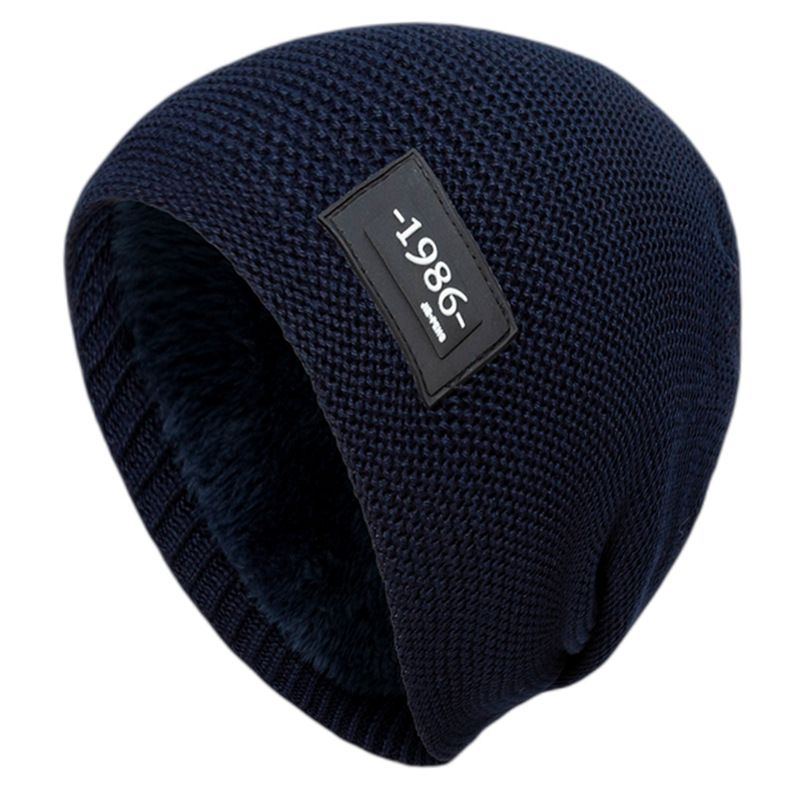 New plush knitted with winter solid color stitching label for cold and warm wool pullover hat_voghion.com