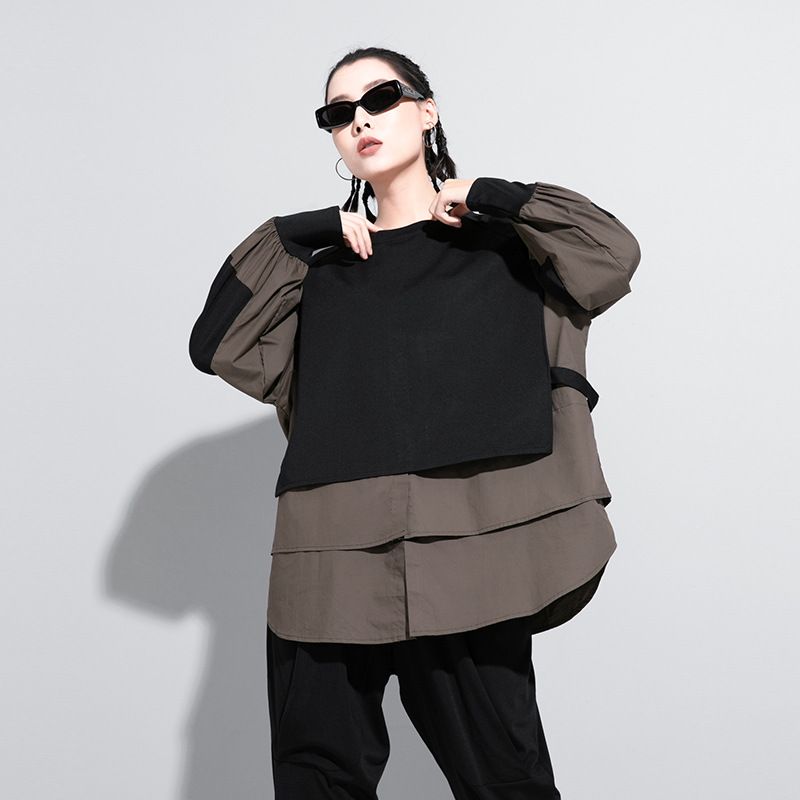 Maglietta a maniche lunghe con cuciture a tubo dritto in due pezzi, stile autunno e inverno, alla moda, per donna_voghion.com