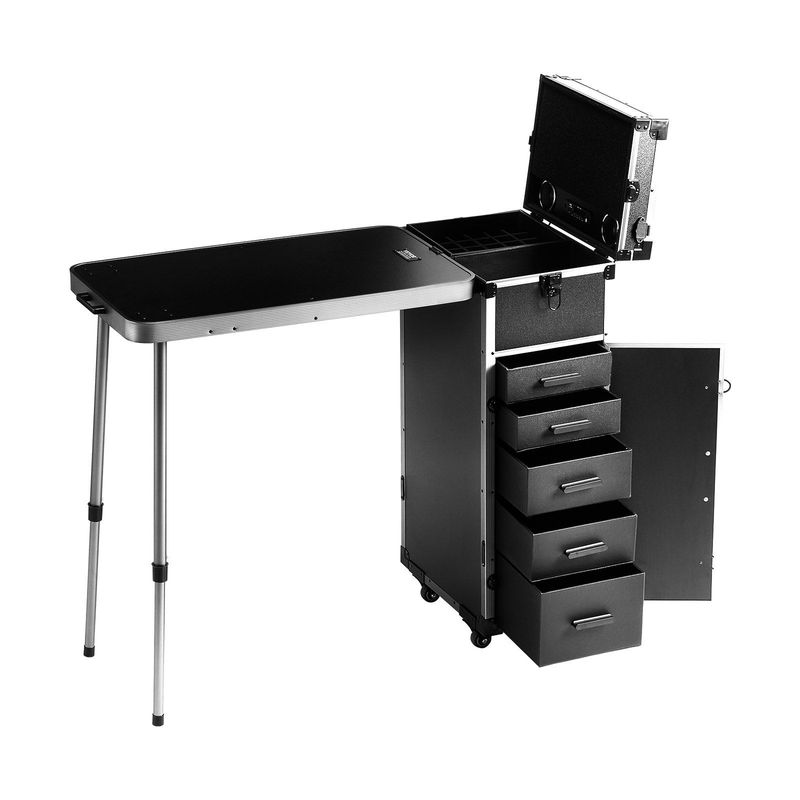 VEVOR Professional Makeup Train Case Aluminum Cosmetic Case, Workbench With Supporting Legs, Rolling Makeup Case Extra Large Trolley Makeup Travel Organizer, With 360° Swivel Wheels, Black_voghion.com