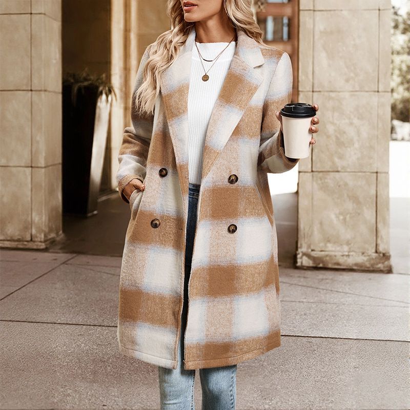 Women's Oversized Trench Coat - Vintage Checkered Wool Blend Long Coat With Notch Lapel (Khaki, S-XL)_voghion.com