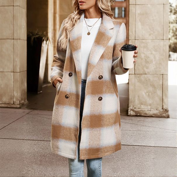 Women's Oversized Trench Coat - Vintage Checkered Wool Blend Long Coat With Notch Lapel (Khaki, S-XL)_voghion.com