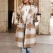 Women's Oversized Trench Coat - Vintage Checkered Wool Blend Long Coat With Notch Lapel (Khaki, S-XL)_voghion.com