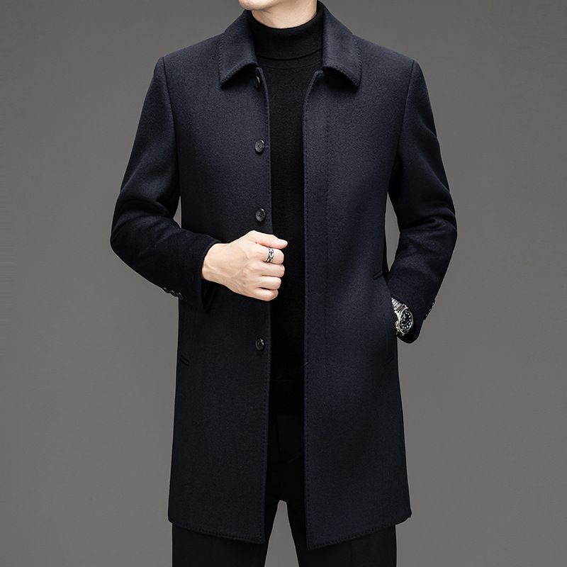 Hochwertiger doppelseitiger Kaschmirwollmantel für Herren, Business-Casual-Mantel mit fallendem Revers und einreihigem Design (Schwarz, Dunkelgrau)​_voghion.com