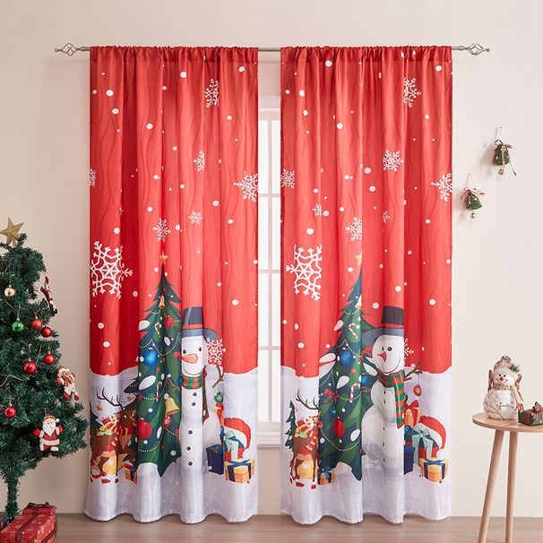 Christmas Print Curtains – Semi-Sheer Holiday Window Decor With Festive Snow Scene & Gift Patterns (140x220cm, Polyester, Ready-to-Hang)_voghion.com