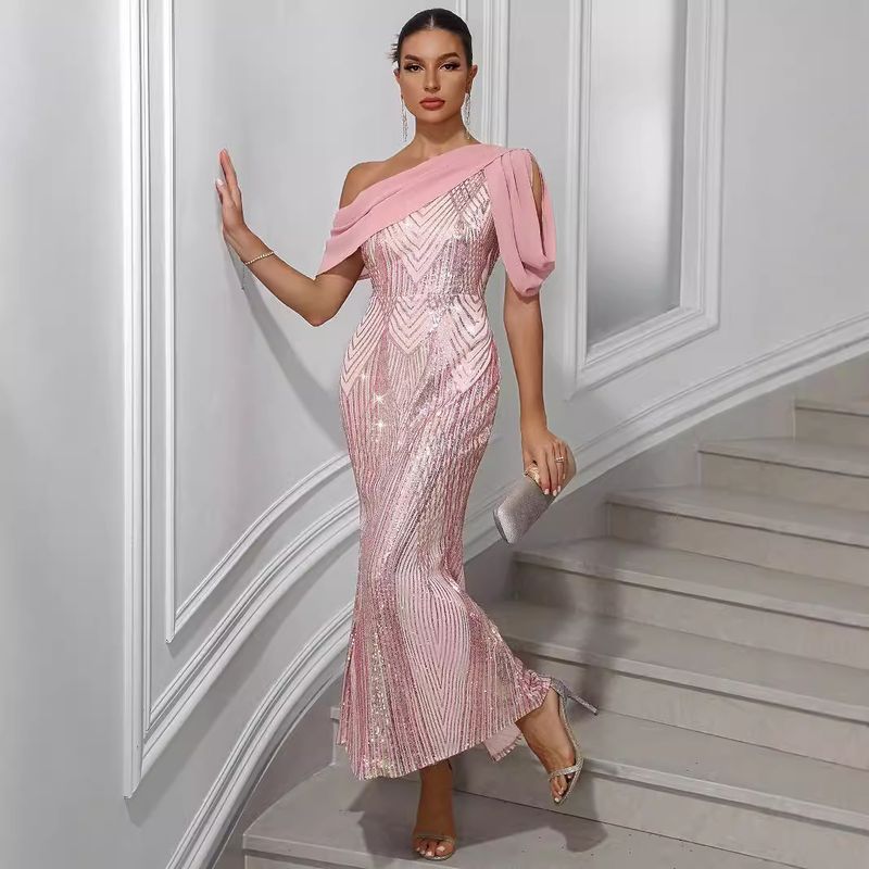 Rochie de seară pentru femei europene și americane, cu un umăr șifon, cu paiete, lungă, rochie de petrecere_voghion.com