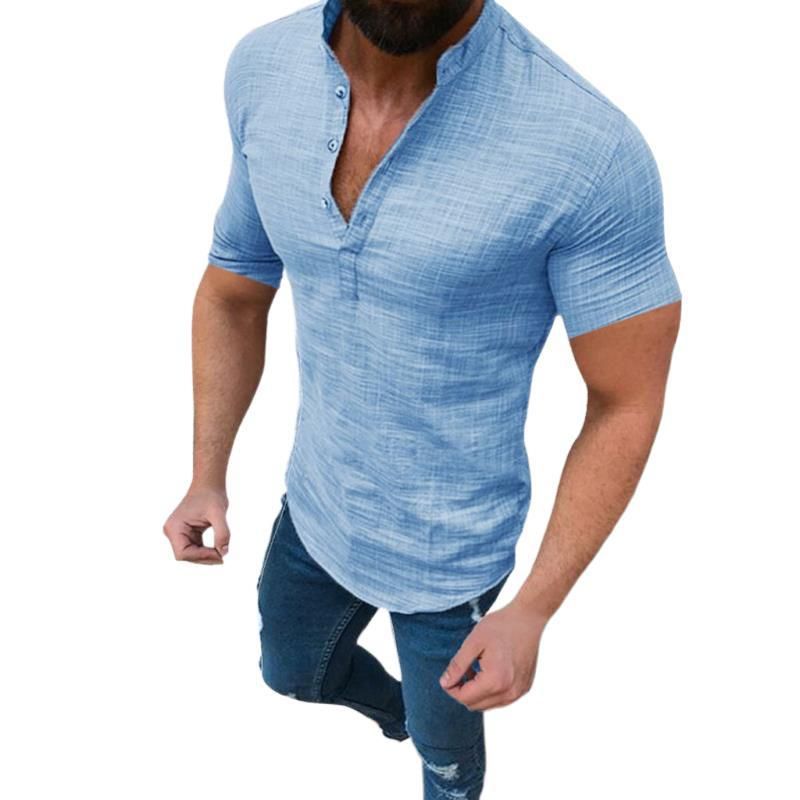 Einfarbiges Herren-Leinenhemd mit V-Ausschnitt und halboffenem Stehkragen und kurzen Ärmeln XX0084_voghion.com