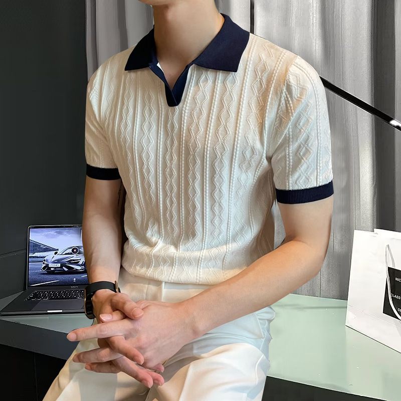 Men's Clothing New Men's Light Mature Style Breathable Versatile Ice Silk Knitted Short Sleeved Polo Shirt Casual Top Trend_voghion.com