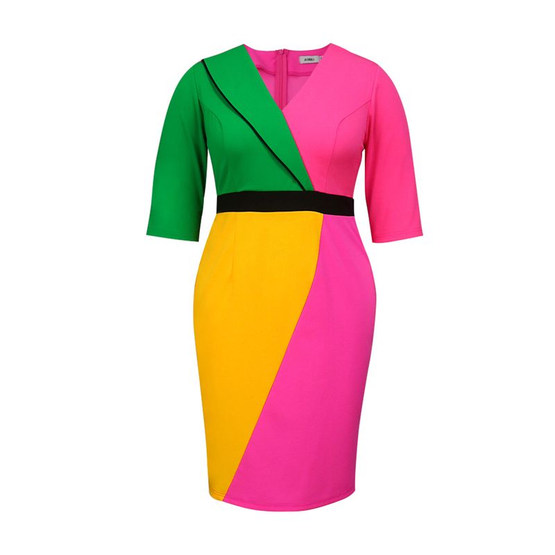 Women's Clothing New suit collar three quarter sleeve high waist skirt Personality color matching party hip skirt dress sets_voghion.com