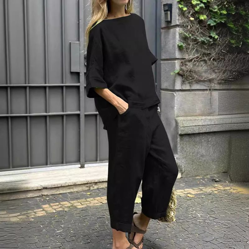  Women's 2-piece Set Large Size Cotton and Linen Shirt Set High Waist Loose Trousers_voghion.com