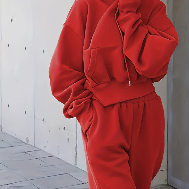 2-teiliges Athleisure-Set, übergroße, einfarbige Sweatshirts und Jogginghosen-Sets mit Kapuze und Tasche im Kordelzugstil, Damenbekleidung_voghion.com