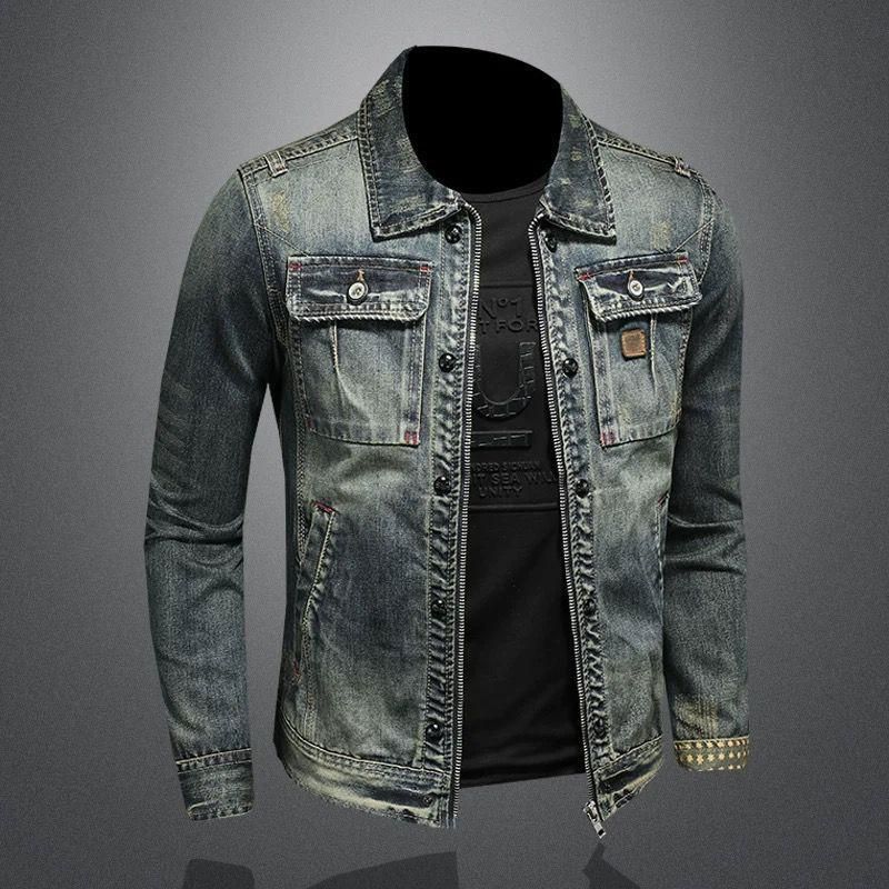 Herenkleding Nieuwe High End Distressed Revers Retro Denim Jas Slim Fit Knappe Veelzijdige Jas_voghion.com