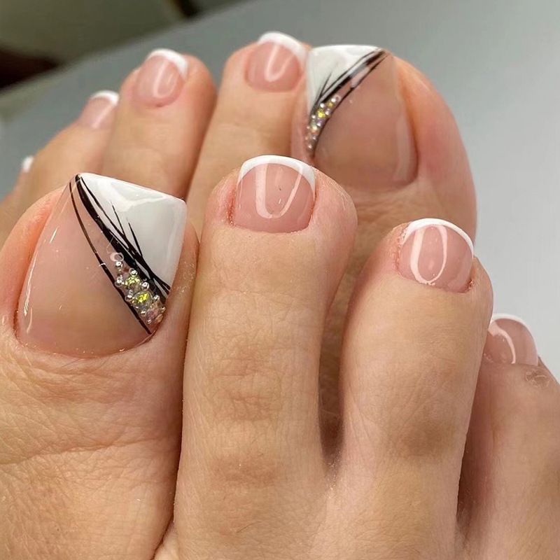 Premere su 24 pezzi unghie staccabili testa quadrata dita dei piedi unghie finte indossabili glitter strass unghie finte francesi ful rhineste_voghion.com