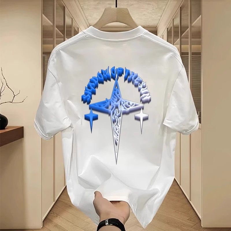 Maglietta da uomo a maniche corte in puro cotone stampato, di marca alla moda e pesante, nuova estate, tendenza casual, scollo rotondo._voghion.com