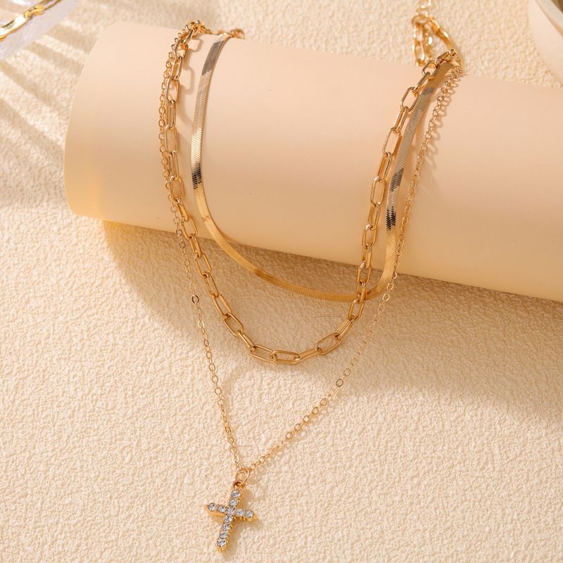 New Trendy Hip-Hop Rhinestone Cross Necklace Personality Multi-Layered Collarbone Chain For Women_voghion.com