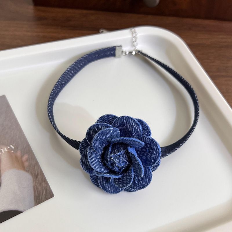 Elegant Three-Dimensional Denim Blue Floral Choker Ribbon Collar Design Sense Clavicle Tie Necklace_voghion.com