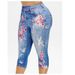 High waisted printed bottom imitation denim slim fitting cropped pants for fashionable women's summer stretch pants_voghion.com