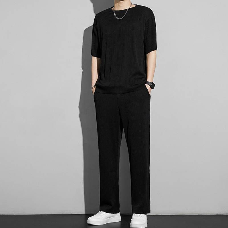 Men's Clothing summer casual fashion straight sports style loose straight trousers solid color versatile tops short sleeves thin style_voghion.com