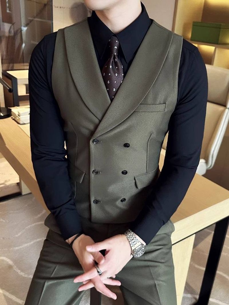 Chaleco de traje cruzado para hombre, estilo retro, informal, de negocios, de color liso, ajustado y a la moda._voghion.com
