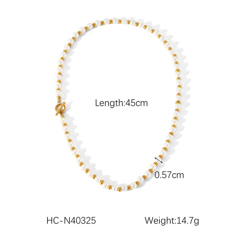 Beads And Pearls Chain Necklace For Women, Stainless Steel Plated Gold Necklaces, Fashion Jewelry Accessories_voghion.com