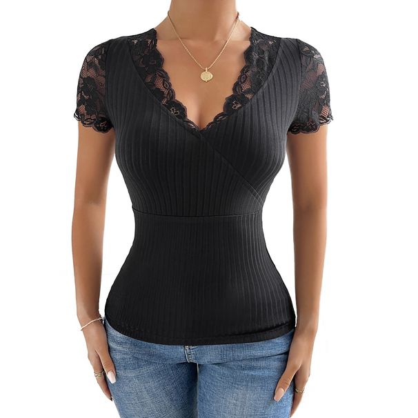Top lavorato a maglia a maniche corte con scollo a V in pizzo da donna, alla moda e versatile, vestibilità aderente_voghion.com