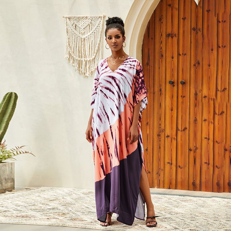 Vestido de praia com estampa tie-dye vibrante de rayon - Vestido longo de verão com caimento solto e proteção FPS para maiôs e biquínis_voghion.com