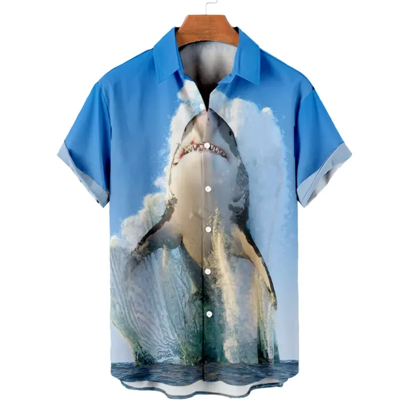 Herrenhemd mit 3D-Marine-Tier-Print, modischer Knopf, kurzärmelig, Revers, Straßenkleidung, cooles und innovatives Hawaii-Hai-Hemd_voghion.com
