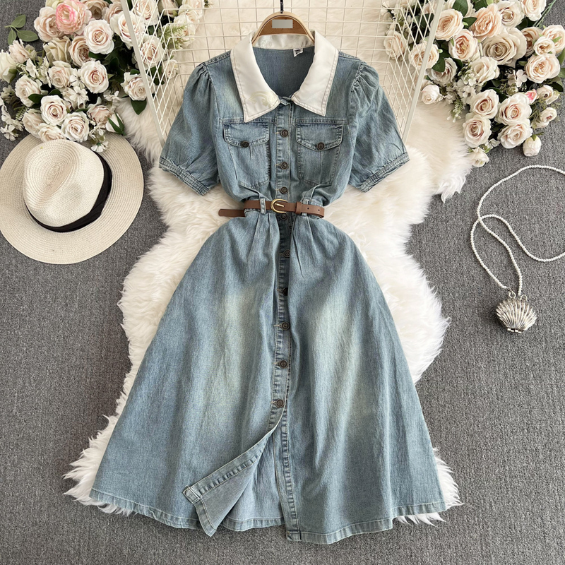 Gonna lunga con colletto polo in denim da donna, cintura divisa, design sottile e chic_voghion.com