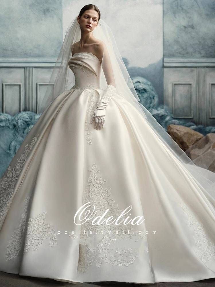 Ropa de mujer Nueva novia Velo principal de satén con cola larga_voghion.com