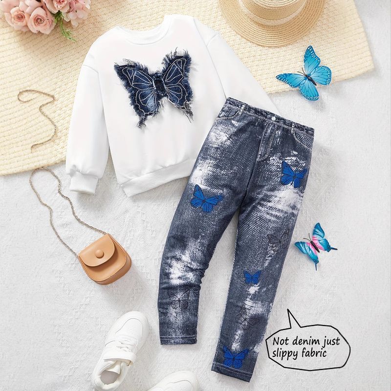 Mother & Kids INS Girls Butterfly Patch Embroidered Round Neck Sweatshirt & Denim Casual Printed Leggings Set_voghion.com