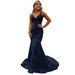 Sequined Ball Gown Slim Hip Wrapped Fishtail Small Trailing Evening Gown Spaghetti Straps V Neck Party Dress_voghion.com