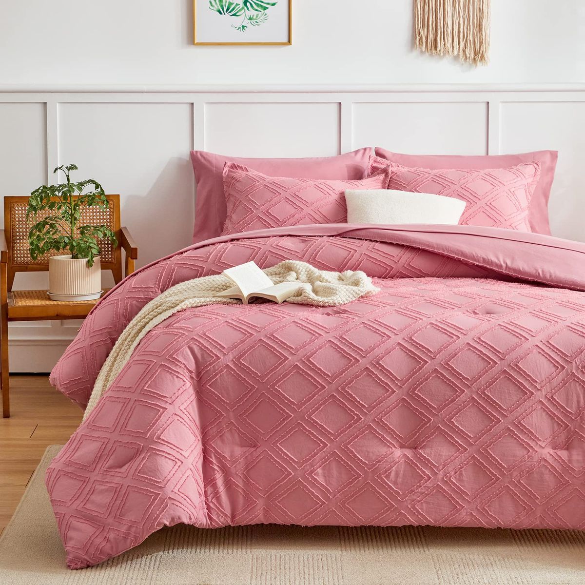 Set di piumoni traspiranti con ciuffi ricamati in stile bohémien rosa, per letto matrimoniale, set di biancheria da letto per tutte le stagioni, 3 pezzi, in alternativa al piumino._voghion.com