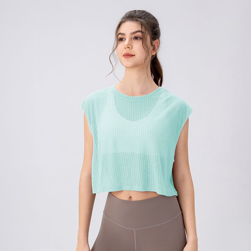 Yogakleding voor dames, ademende, mouwloze top voor dames, korte, losse hardloopsport, fitnesskleding_voghion.com