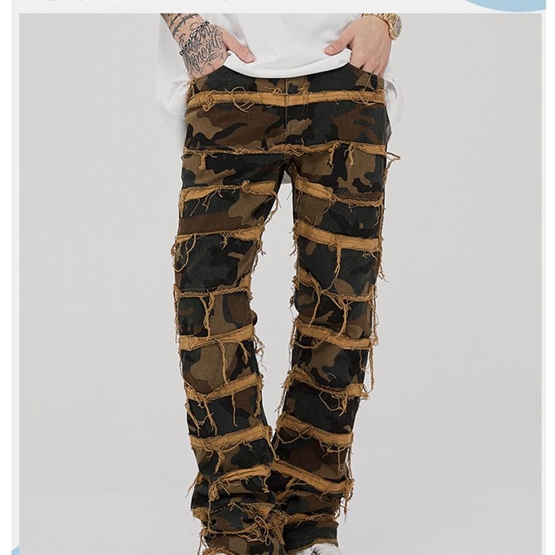 National tide camouflage denim heavy hairy beard niche punk bootcut casual men's jeans_voghion.com