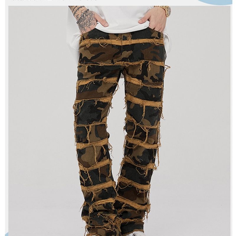 Marée nationale camouflage denim lourd barbe poilue niche punk bootcut décontracté hommes jeans_voghion.com