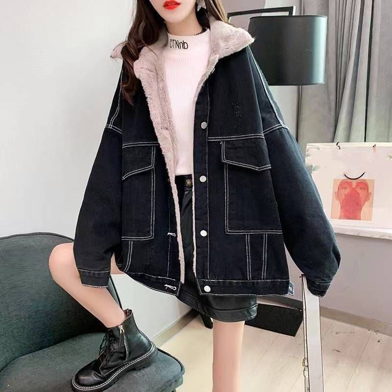 Vêtements pour femmes mode ample polyvalent plus velours épaissi coton agneau denim veste femme ins_voghion.com