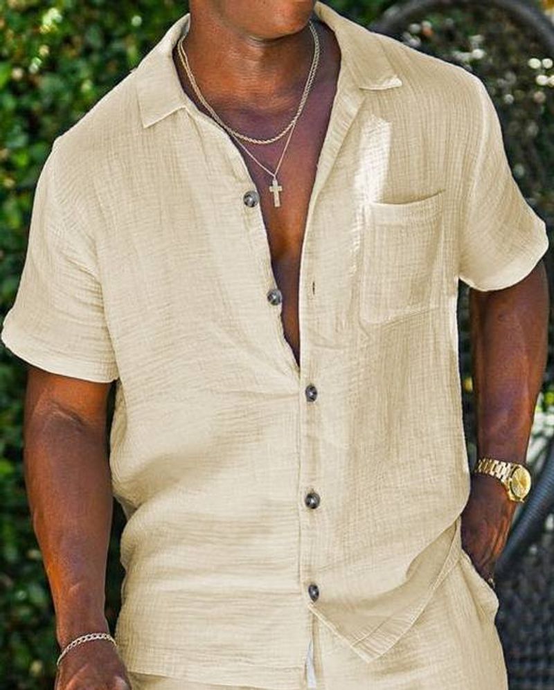 New Men's Cotton And Linen Short-sleeved Loose Undershirt, Solid Color Short-sleeved Cotton And Linen Lapel Shirt_voghion.com