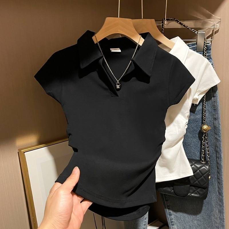 Women's Clothing White Polo Collar Short Sleeved T Shirt Tight Waist And Lapel High Waist And Straight Shoulder Top_voghion.com