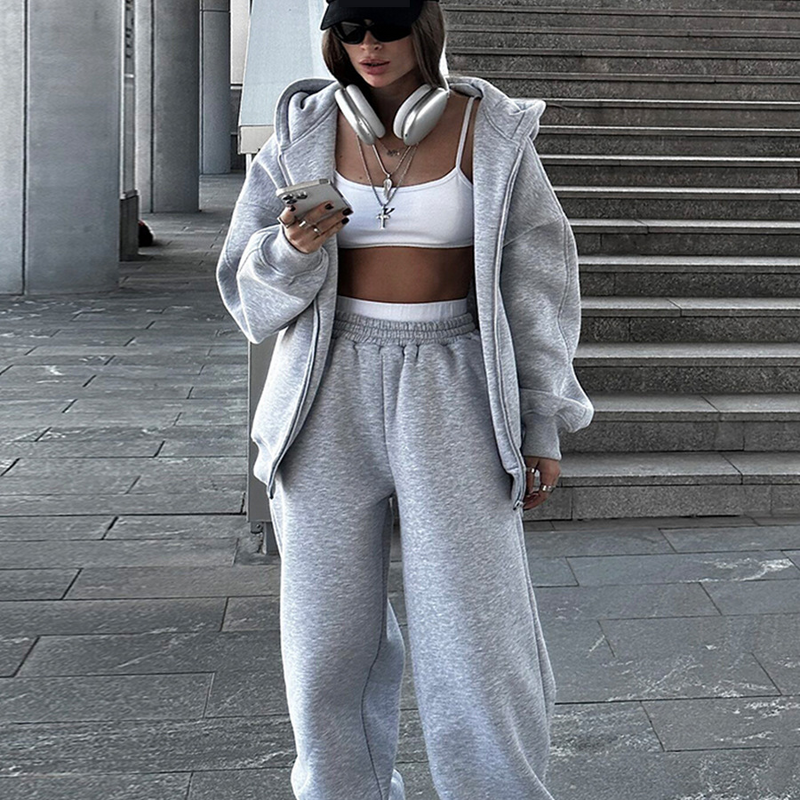 Women's Hooded Zip-Up Sweatshirt & Jogger Pants Set - Casual Streetwear Two-Piece Outfit - Soft Polyester Blend - Black, Heather Grey, Coffee_voghion.com