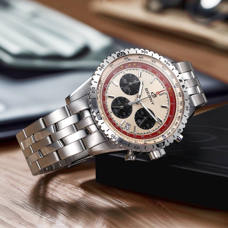 Montre chronographe BERNY argentée pour homme, montre à quartz multifonction avec tachymètre, date, acier inoxydable, étanche, saphir lumineux_voghion.com