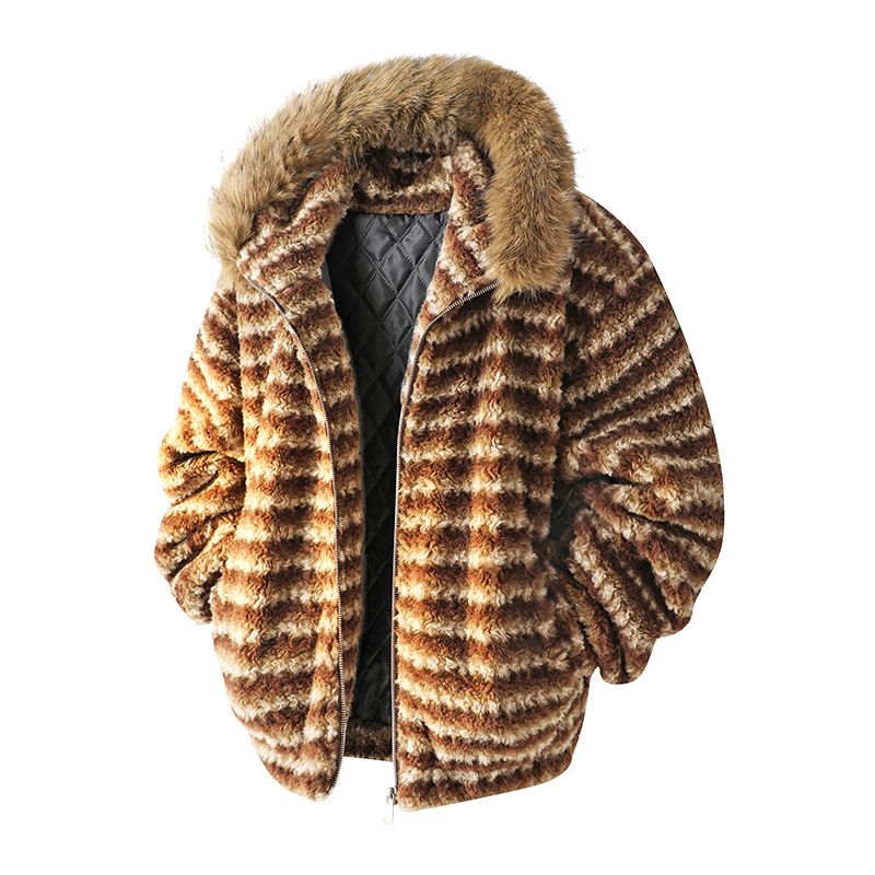 Bluza z kapturem i zamkiem błyskawicznym ze sztucznego kożucha – obszerny zimowy płaszcz z kontrastowym wykończeniem i podszewką w panterkę (mieszanka octanu, szaro-niebiesko-kawowa, rozmiar M-3XL)_voghion.com