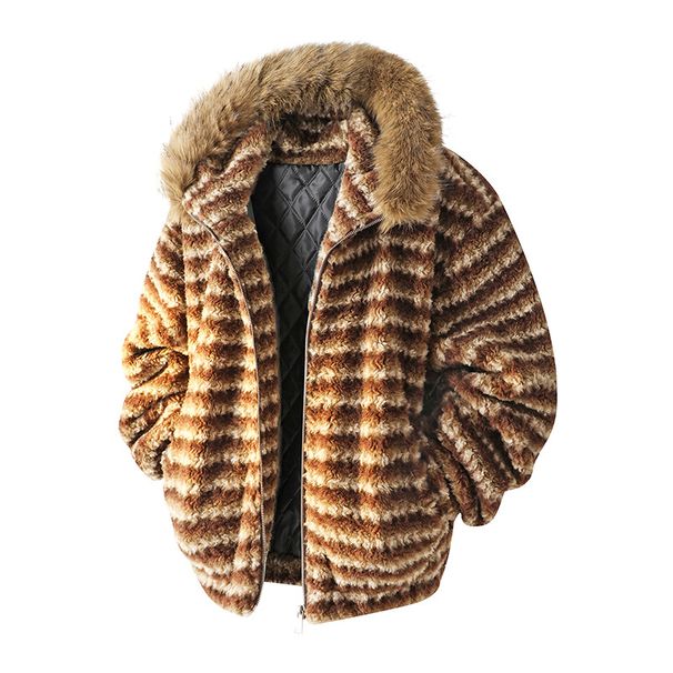 Bluza z kapturem i zamkiem błyskawicznym ze sztucznego kożucha – obszerny zimowy płaszcz z kontrastowym wykończeniem i podszewką w panterkę (mieszanka octanu, szaro-niebiesko-kawowa, rozmiar M-3XL)_voghion.com