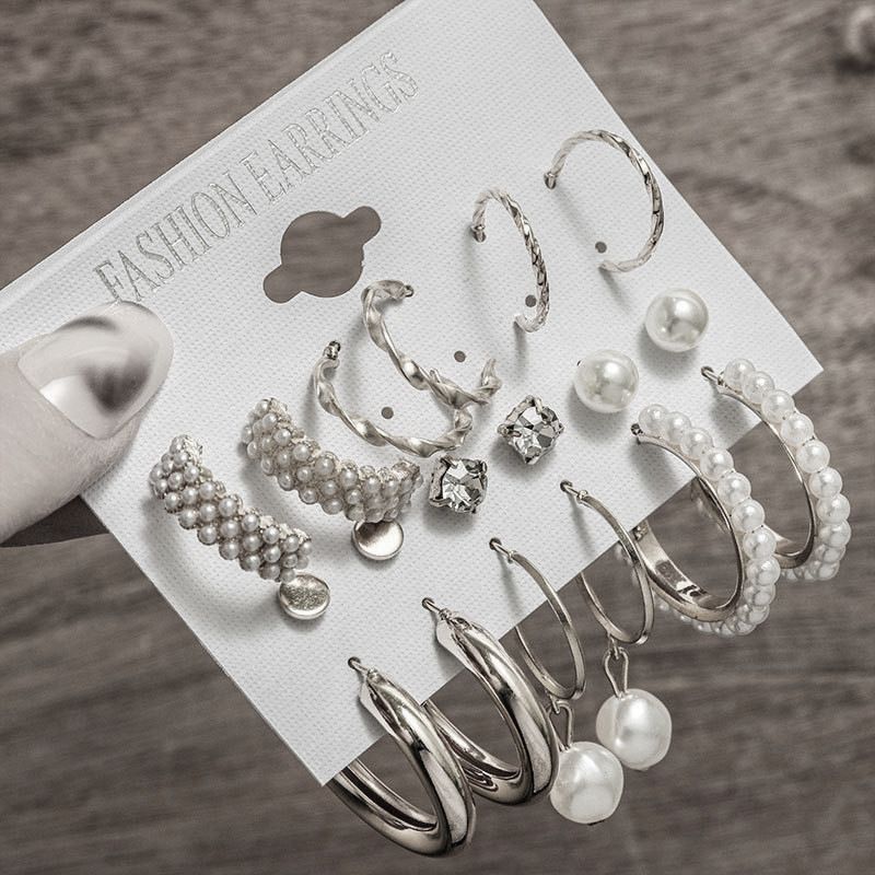 Nuovi orecchini da donna con perle intarsiate, set creativo di 9 pezzi in oro francese_voghion.com