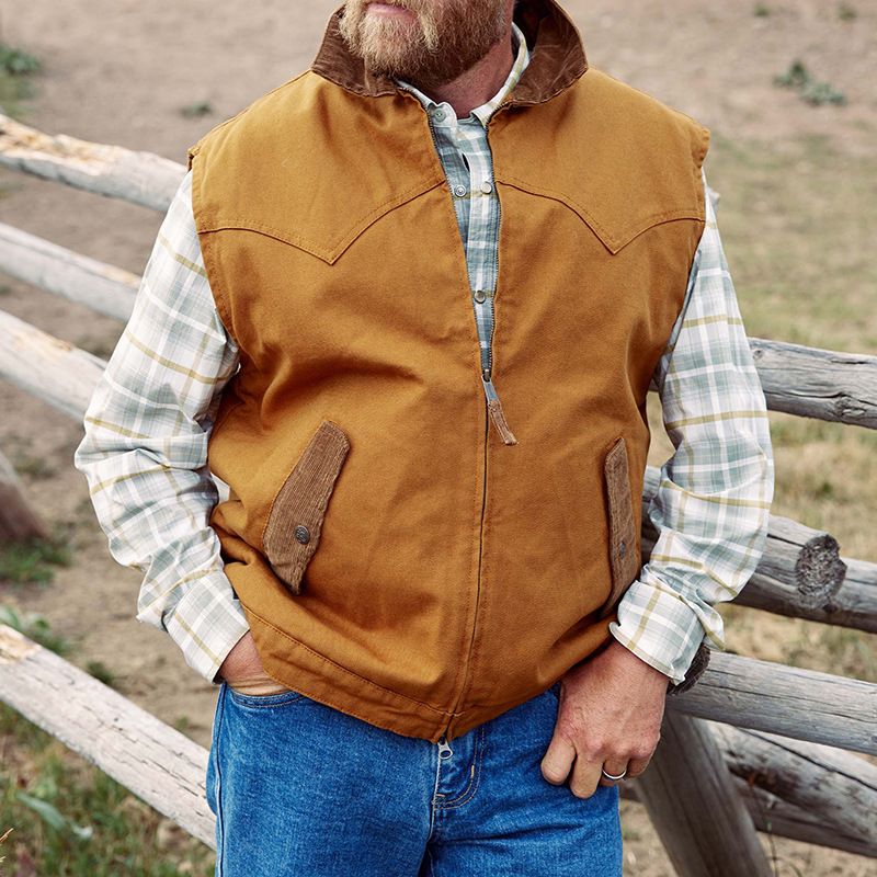​​"Herren Western Cowboy Weste – Retro Herbst & Winter Freizeitjacke in Khaki, Kurkuma & Weiß"​​_voghion.com
