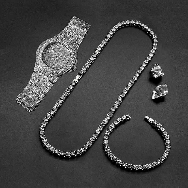 Orologio Hip Hop con bracciale e collana, set di diamanti, regalo, orologio al quarzo_voghion.com