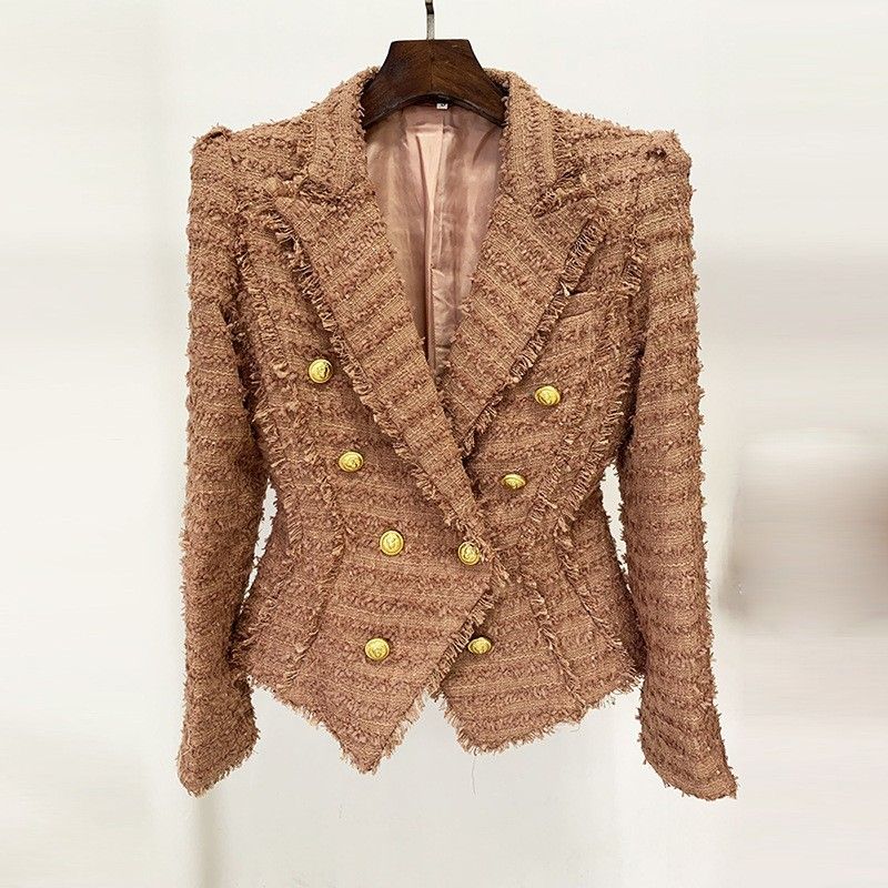 Damenbekleidung Star Fashion Tweed Slim Anzugjacke mit Quastenrand rosa braun_voghion.com