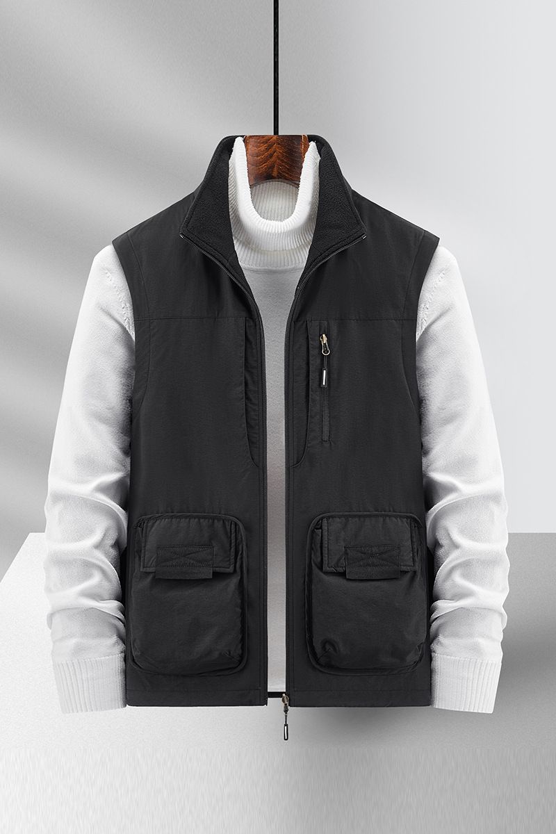 Gilet de pêche à col montant multi-poches en velours double face pour hommes automne et hiver en plein air gilet de pêche d'alpinisme pour hommes_voghion.com