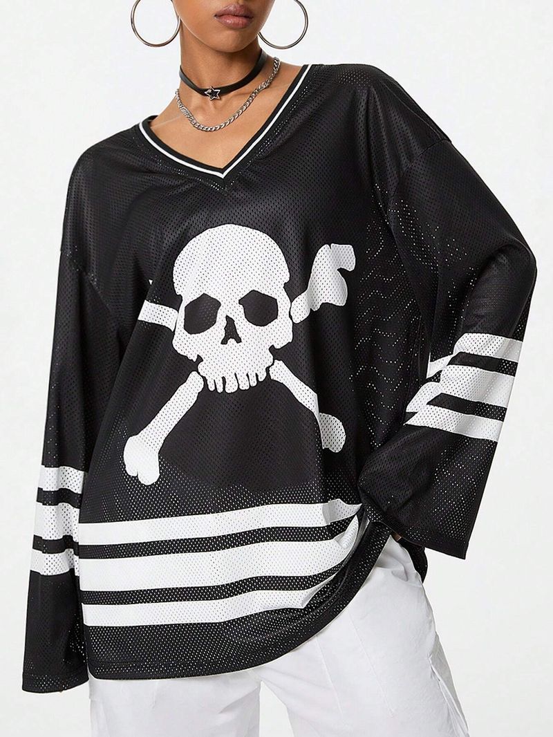 Damenbekleidung Dopamin Digitaldruck Lose Langarm-T-Shirt_voghion.com