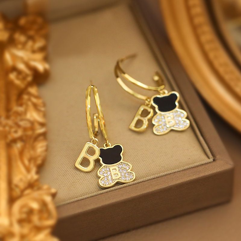 s925 silver needle earrings metal personalized versatile earrings internet celebrity temperament fashion simple letter B bear earrings for women_voghion.com