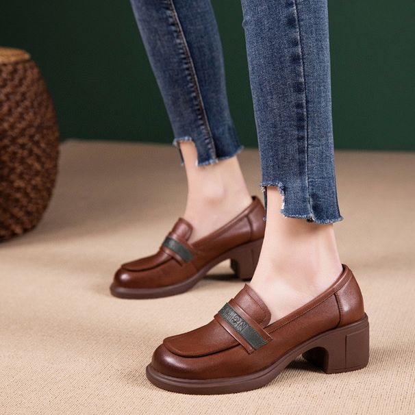 Top layer cowhide loafers for autumn 2024, work sponge cake soled shoes, women's with one foot, thick heel shoes_voghion.com